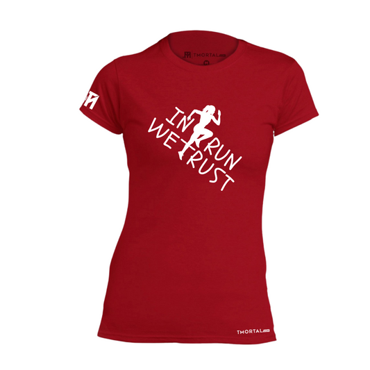 PLAYERA TM IN RUN WE TRUST ROJA MUJER